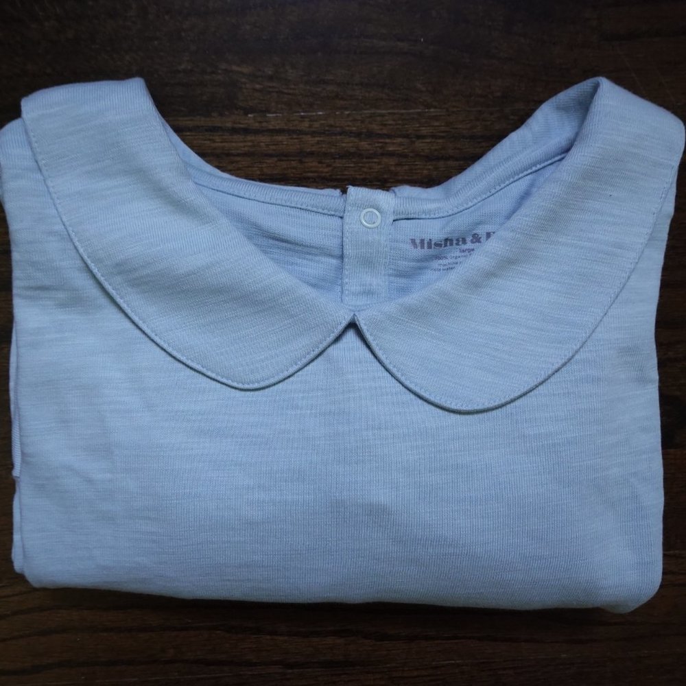 Misha & Puff Shirt Womens L Peter Pan Collar Wendy Top New NWOT Blue Faded Denim